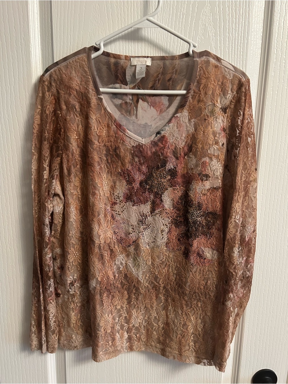 Chico's Floral Lace Overlay Long Sleeve Top in Peach Brown
